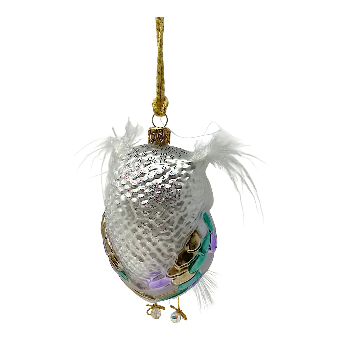 Pinnacle Peak Trading White Feather Owl with Dangle Feet Polish Glass Christmas Tree Ornament
