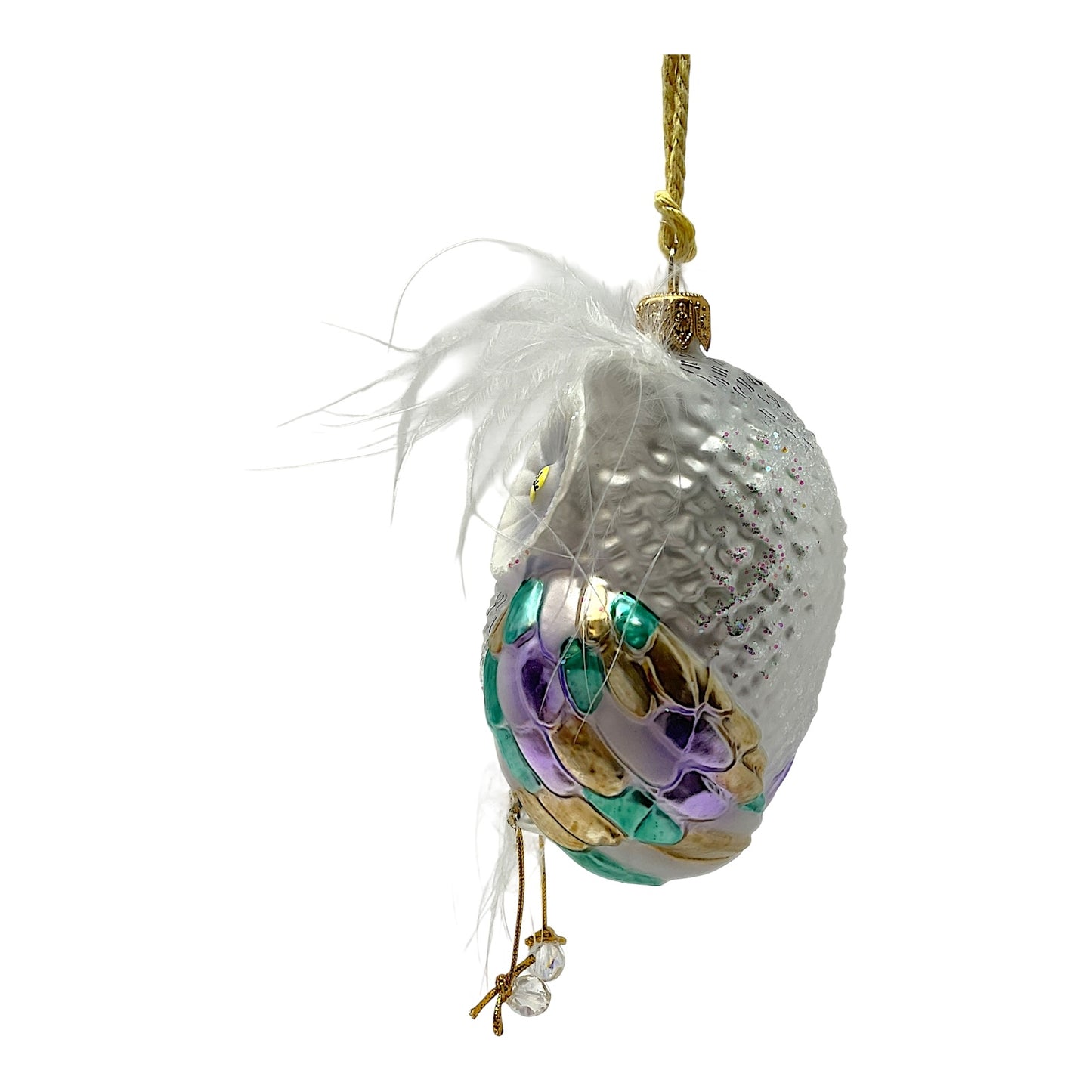 Pinnacle Peak Trading White Feather Owl with Dangle Feet Polish Glass Christmas Tree Ornament