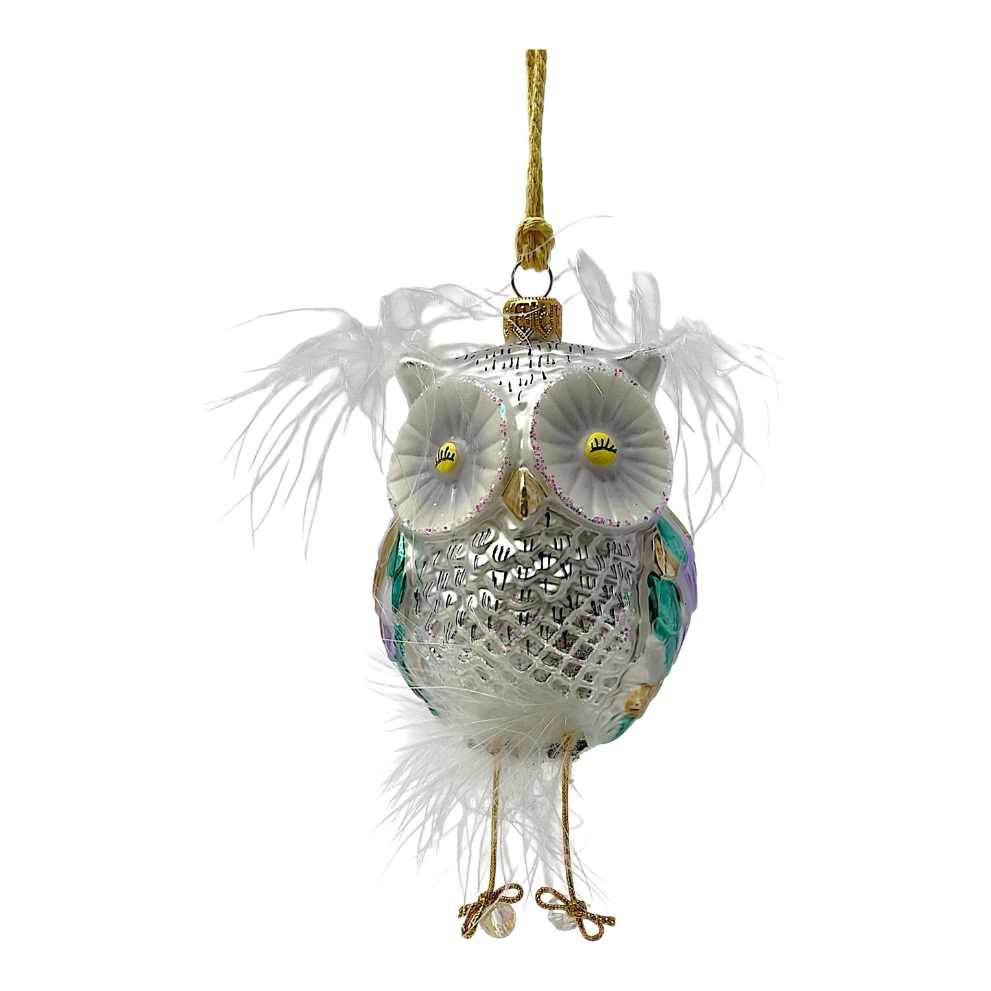 Pinnacle Peak Trading White Feather Owl with Dangle Feet Polish Glass Christmas Tree Ornament