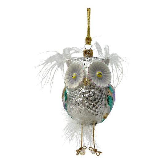Pinnacle Peak Trading White Feather Owl with Dangle Feet Polish Glass Christmas Tree Ornament