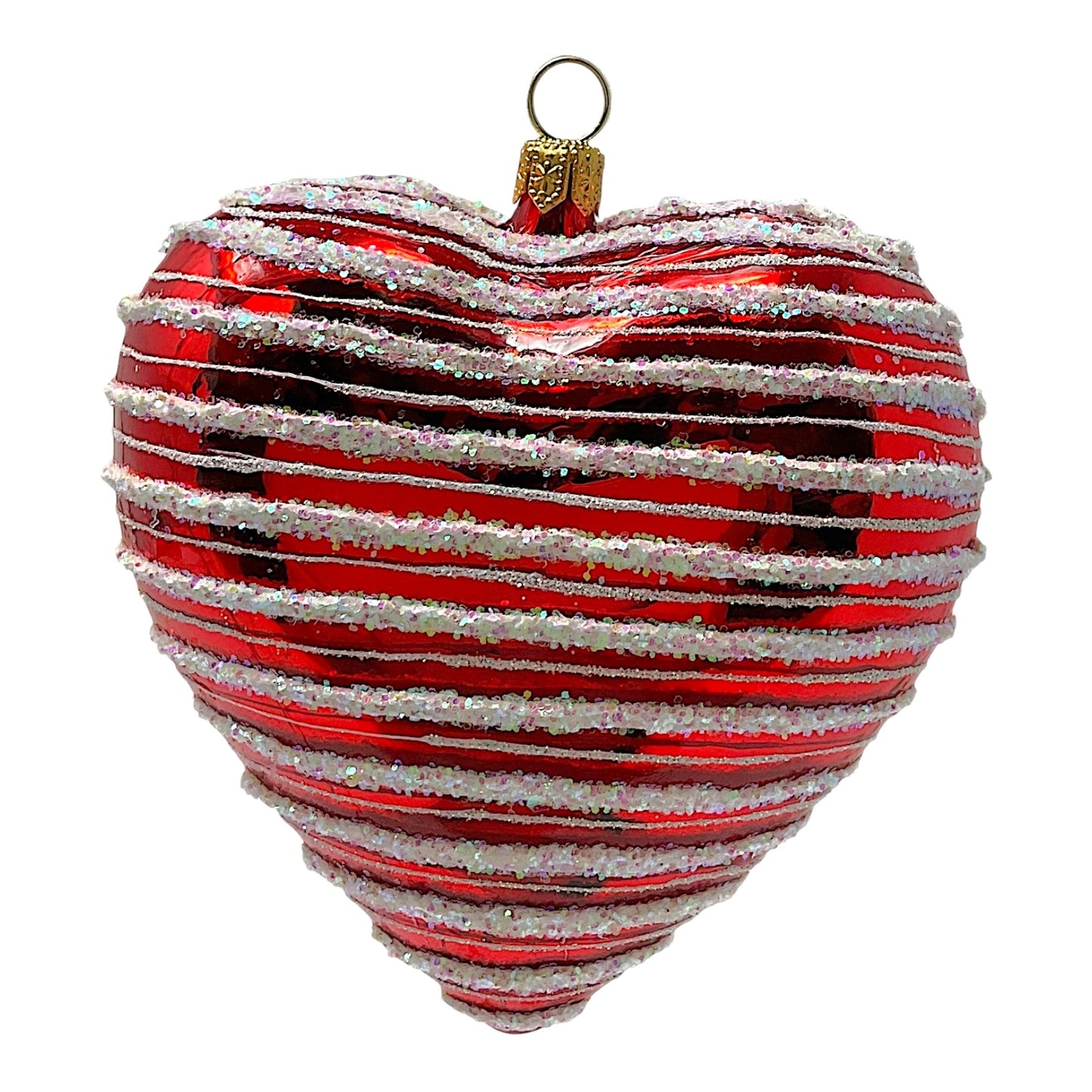 Pinnacle Peak Trading Red Heart with White Stripes Polish Glass Christmas Tree Ornament