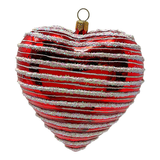 Pinnacle Peak Trading Red Heart with White Stripes Polish Glass Christmas Tree Ornament