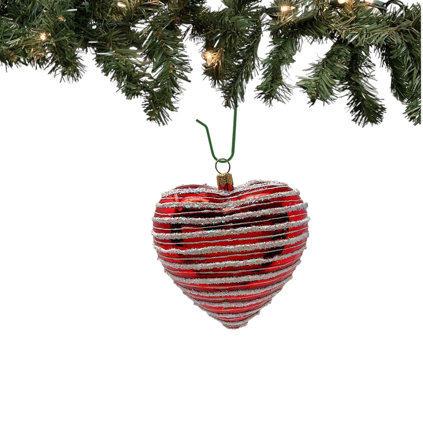 Pinnacle Peak Trading Red Heart with White Stripes Polish Glass Christmas Tree Ornament