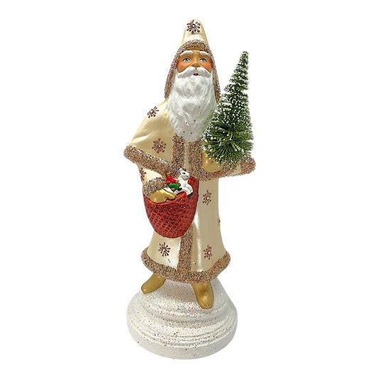 Pinnacle Peak Trading Ino Schaller Champagne Coat Santa with Bag of Toys and Tree German Paper Mache