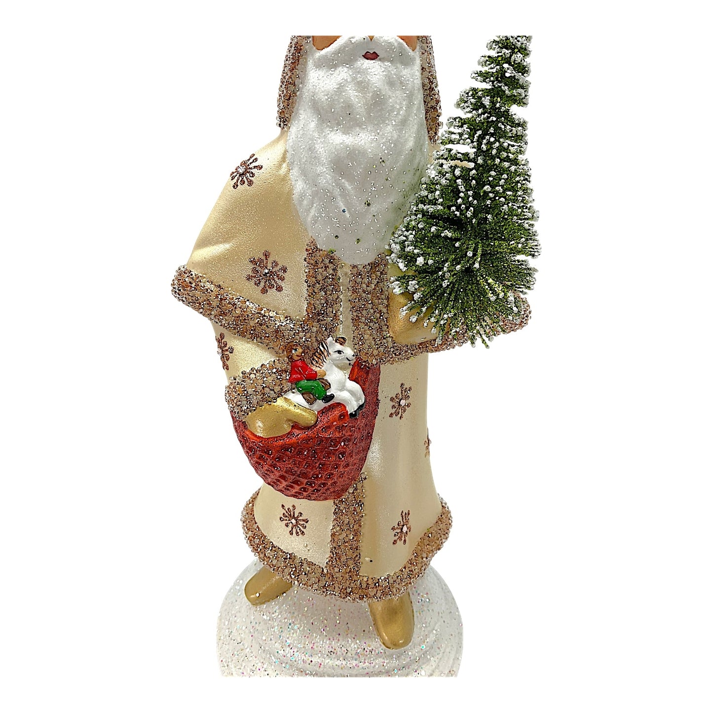 Pinnacle Peak Trading Ino Schaller Champagne Coat Santa with Bag of Toys and Tree German Paper Mache
