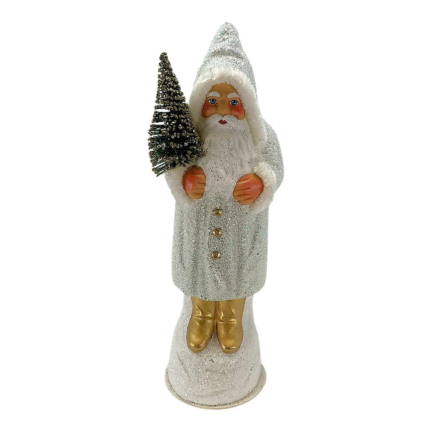 Pinnacle Peak Trading Ino Schaller White Beaded Santa with Glitter German Paper Mache