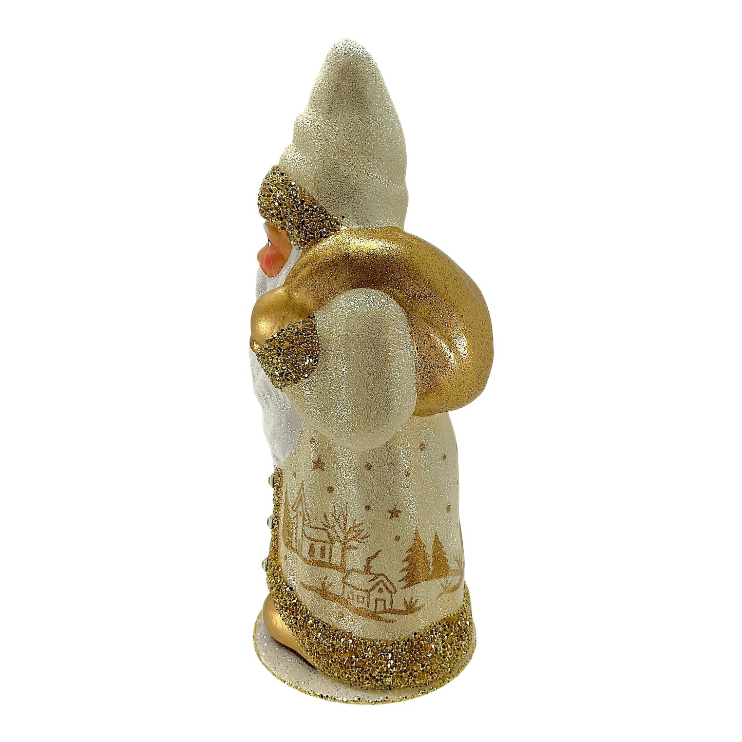 Pinnacle Peak Trading Ino Schaller Cream Santa with Gold Winter Village Scene German Paper Mache