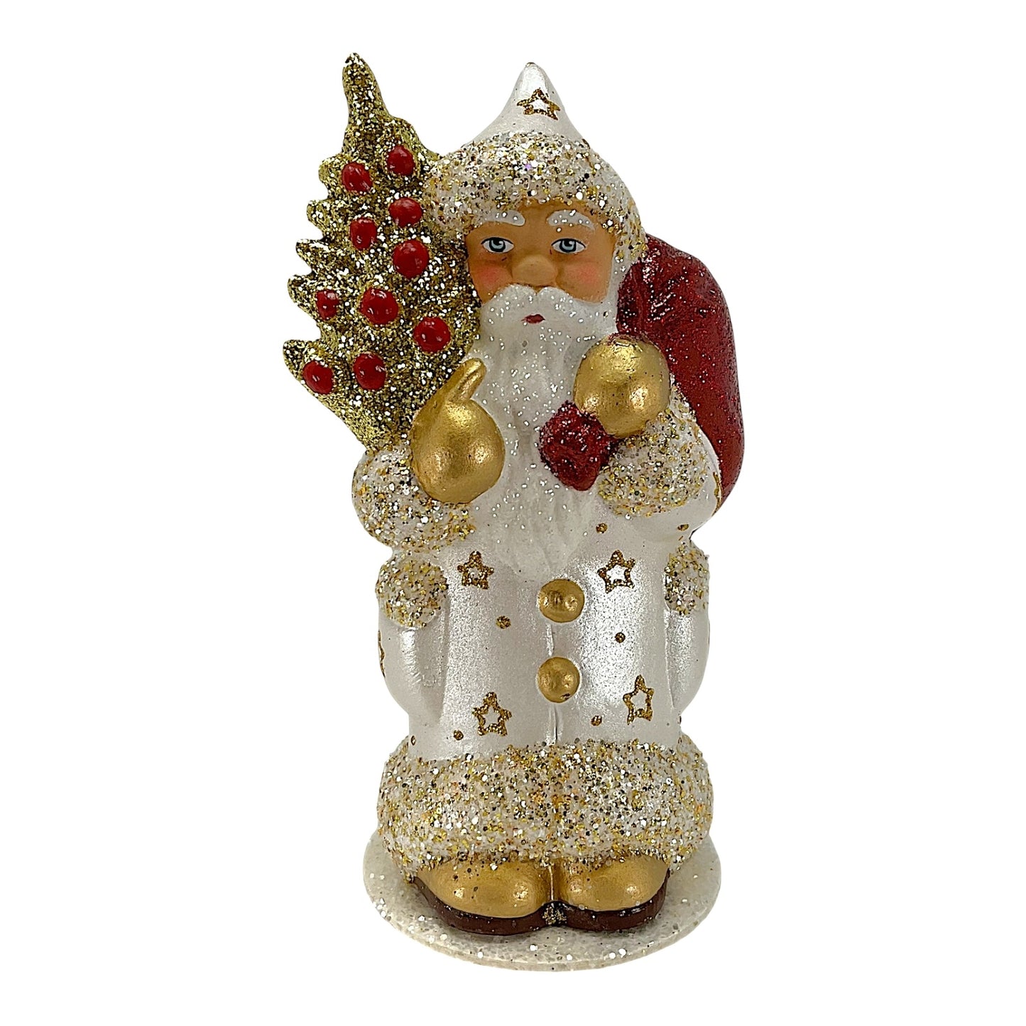 Pinnacle Peak Trading Ino Schaller Santa in White Pearlized Coat with Gold Tree German Paper Mache