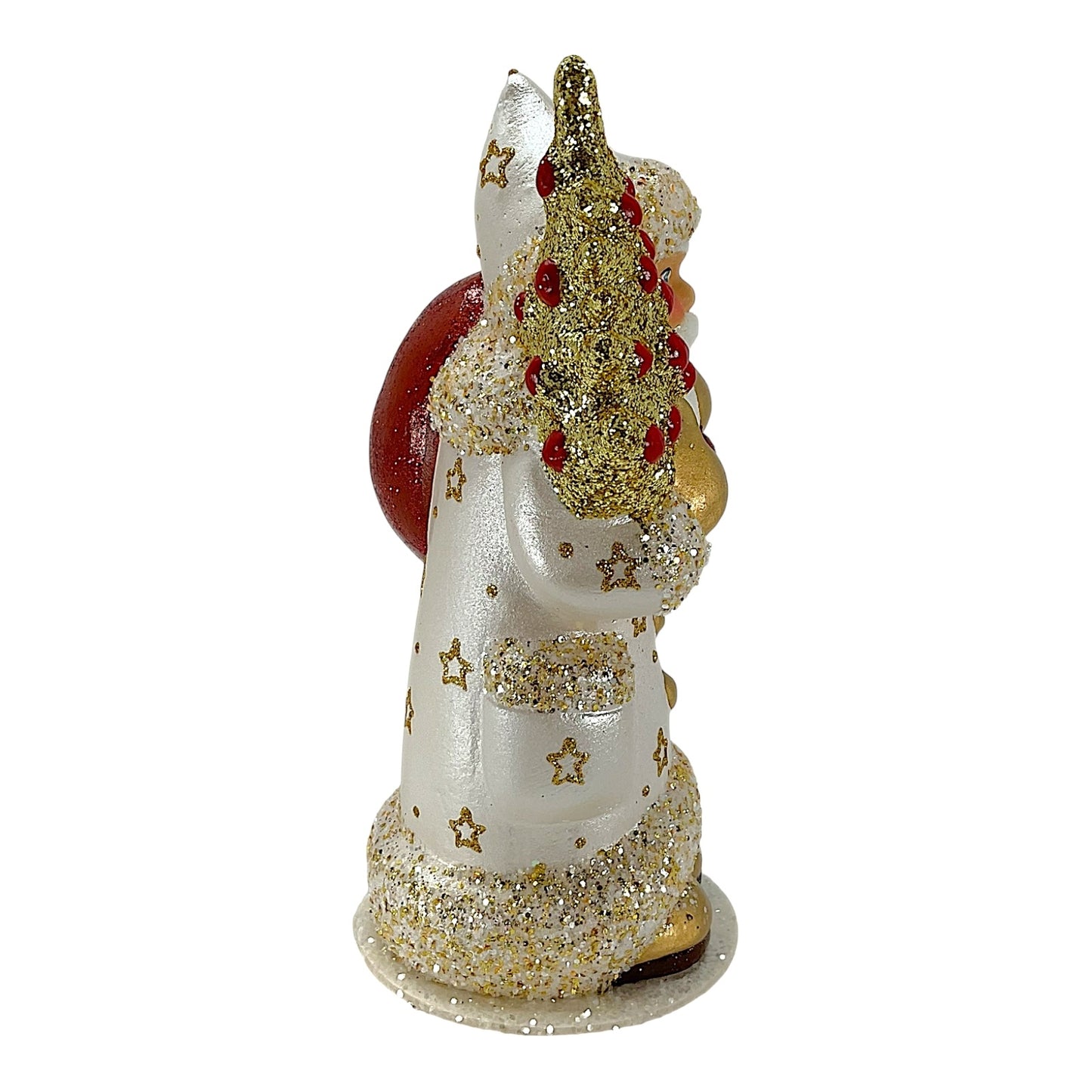 Pinnacle Peak Trading Ino Schaller Santa in White Pearlized Coat with Gold Tree German Paper Mache