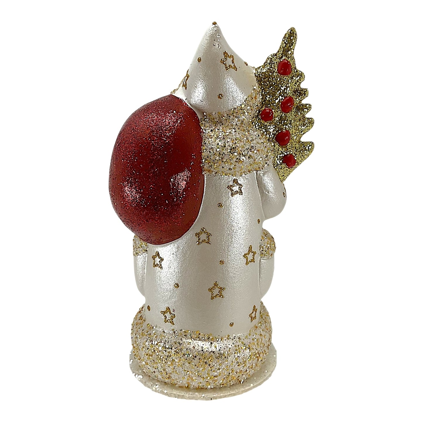 Pinnacle Peak Trading Ino Schaller Santa in White Pearlized Coat with Gold Tree German Paper Mache
