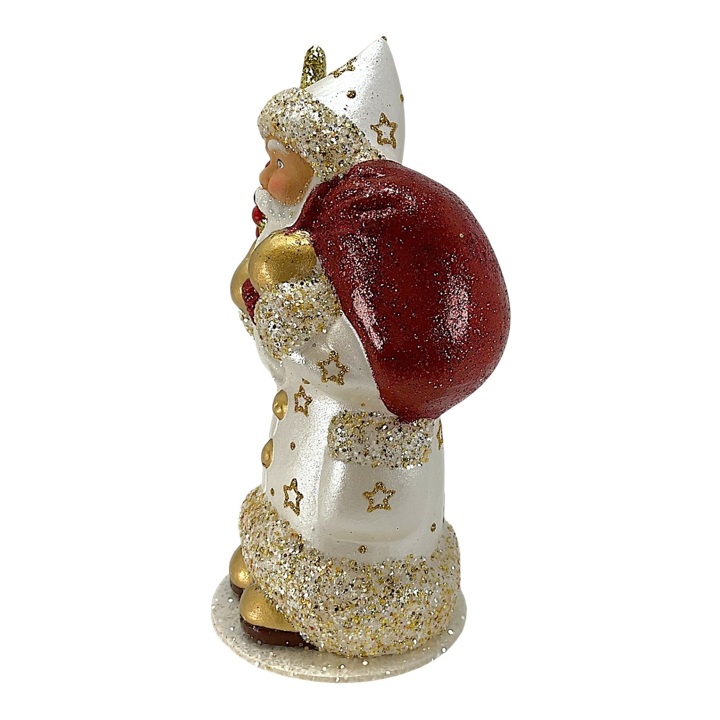 Pinnacle Peak Trading Ino Schaller Santa in White Pearlized Coat with Gold Tree German Paper Mache
