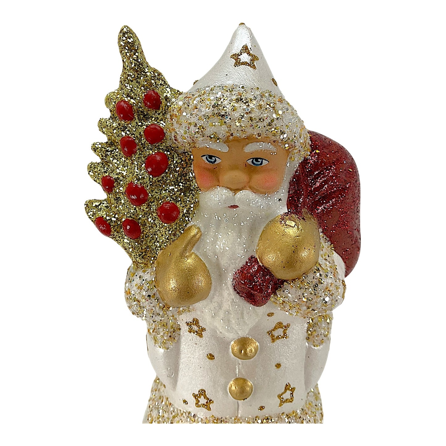 Pinnacle Peak Trading Ino Schaller Santa in White Pearlized Coat with Gold Tree German Paper Mache