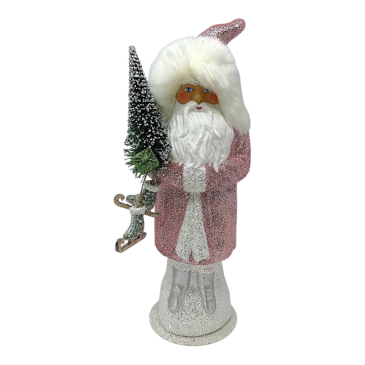 Pinnacle Peak Trading Ino Schaller Large Old Rose Pink Glitter Santa with Skates German Paper Mache 17.25 inch