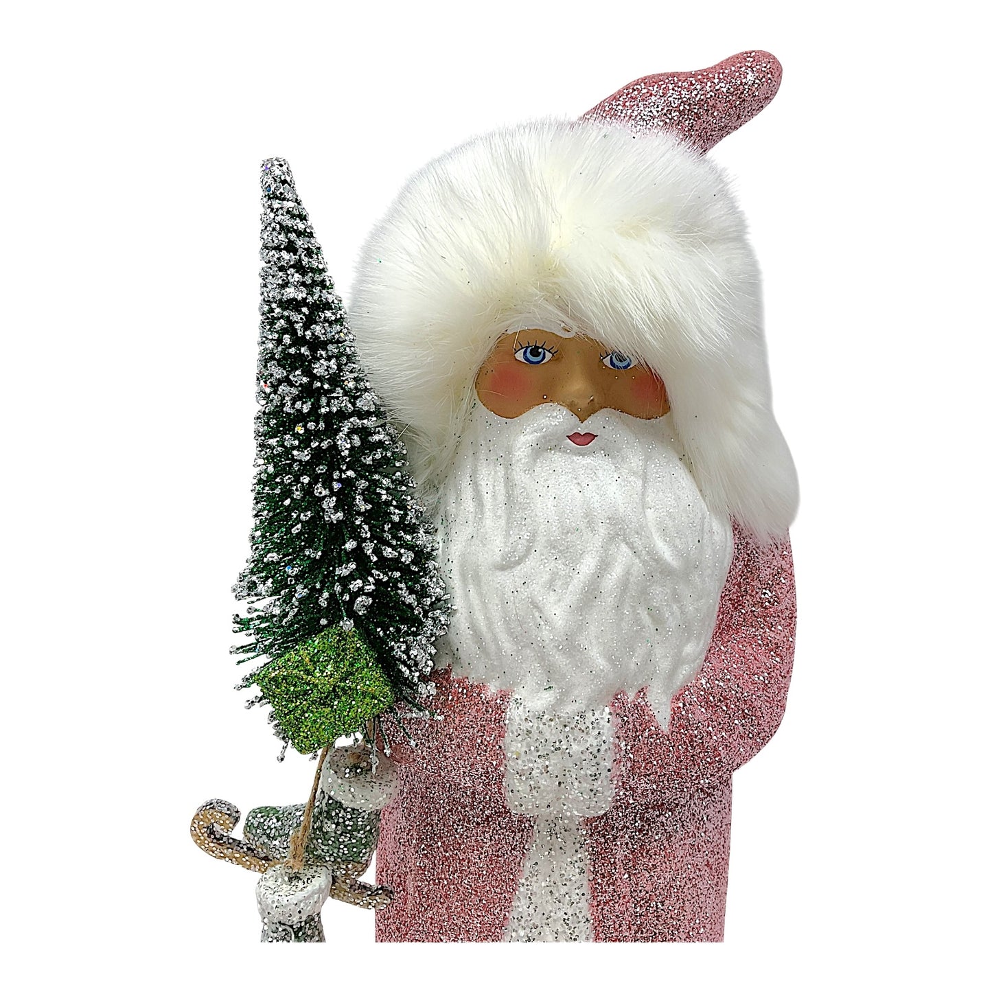 Pinnacle Peak Trading Ino Schaller Large Old Rose Pink Glitter Santa with Skates German Paper Mache 17.25 inch