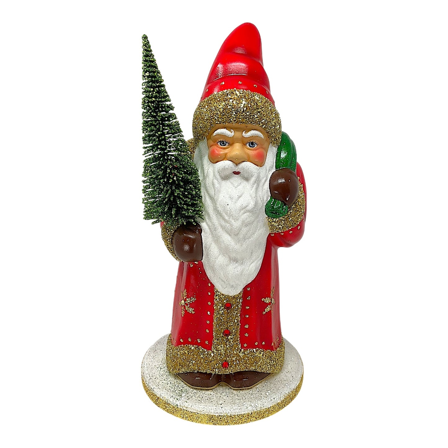 Pinnacle Peak Trading Ino Schaller Large Red Coat Santa with Gold Snowflakes Paper Mache 17.25 inch