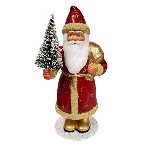 Ino Schaller Red Santa with Gold Stars Holding Christmas Tree German Paper Mache