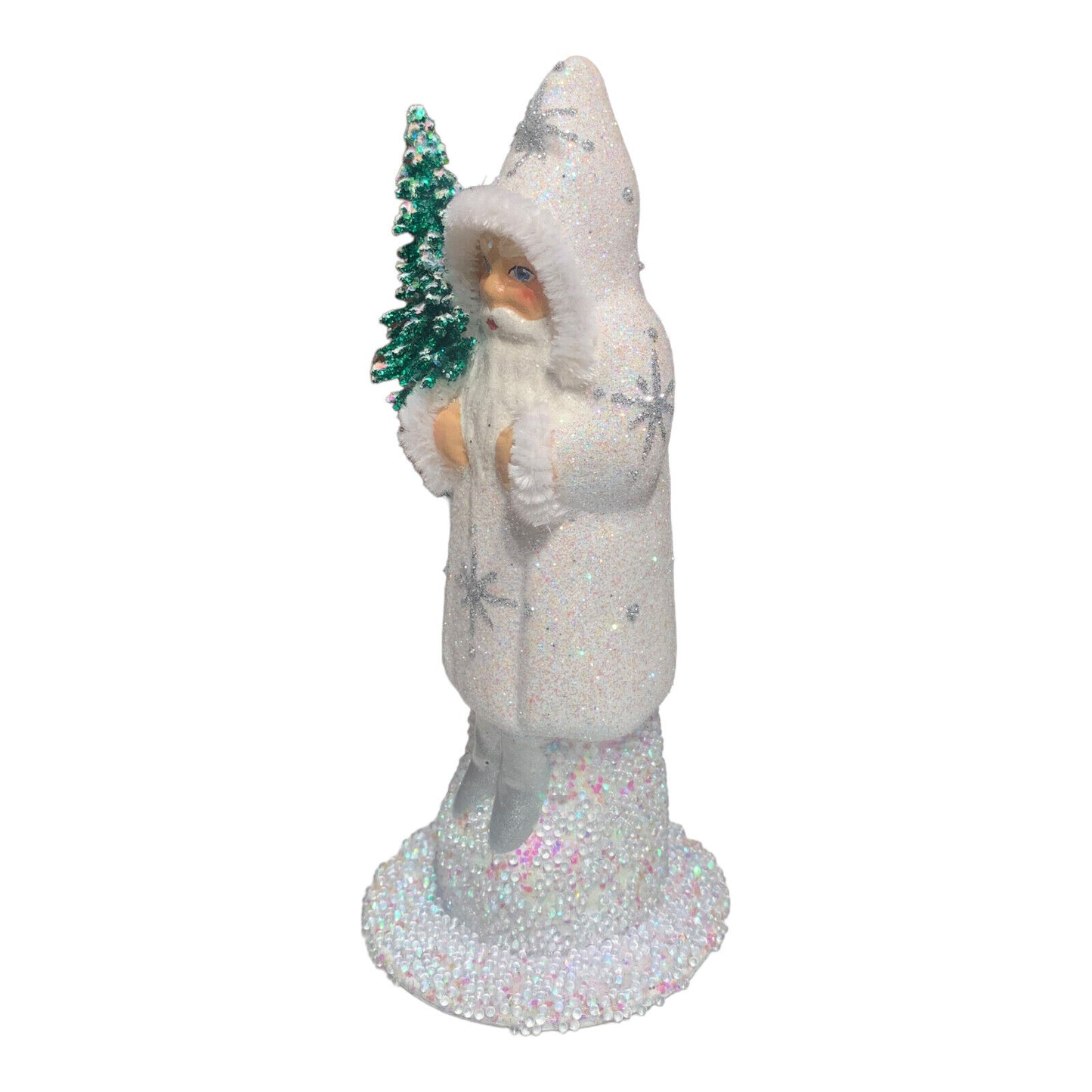 Ino Schaller White Coat Santa with Silver Stars German Paper Mache 6 Inch