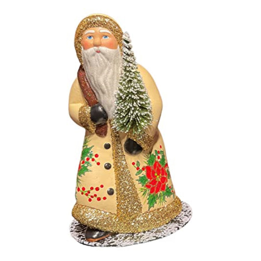 Ino Schaller Cream Poinsettia Coat Walking Santa Claus German Paper Mache 9 Inch