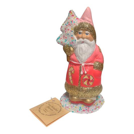 Ino Schaller Pink Candy Santa with Confetti Tree German Paper Mache 5 Inch
