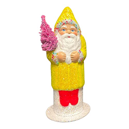 Ino Schaller Neon Yellow Glitter Santa with Pink Tree German Paper Mache 6 Inch