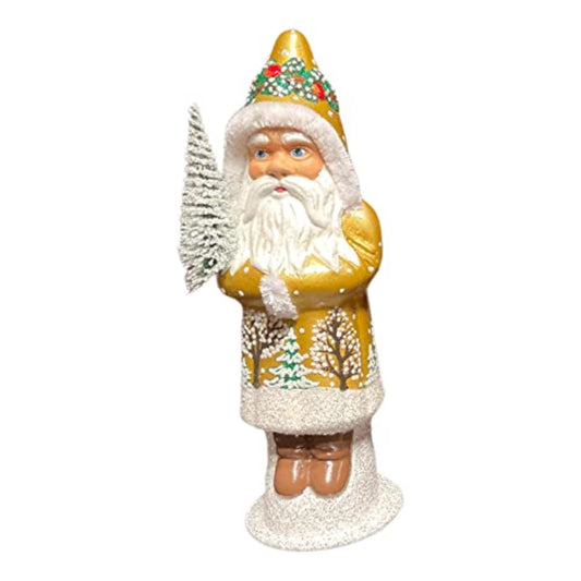 Ino Schaller Gold Coat Santa with Winter Tree Scene German Paper Mache 12 Inch