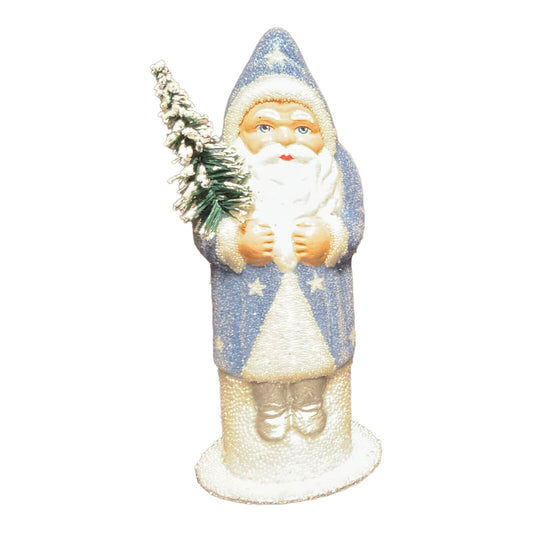 Pinnacle Peak Trading Company Ino Schaller Light Blue Beaded Santa with Star Decor German Paper Mache 6 Inch