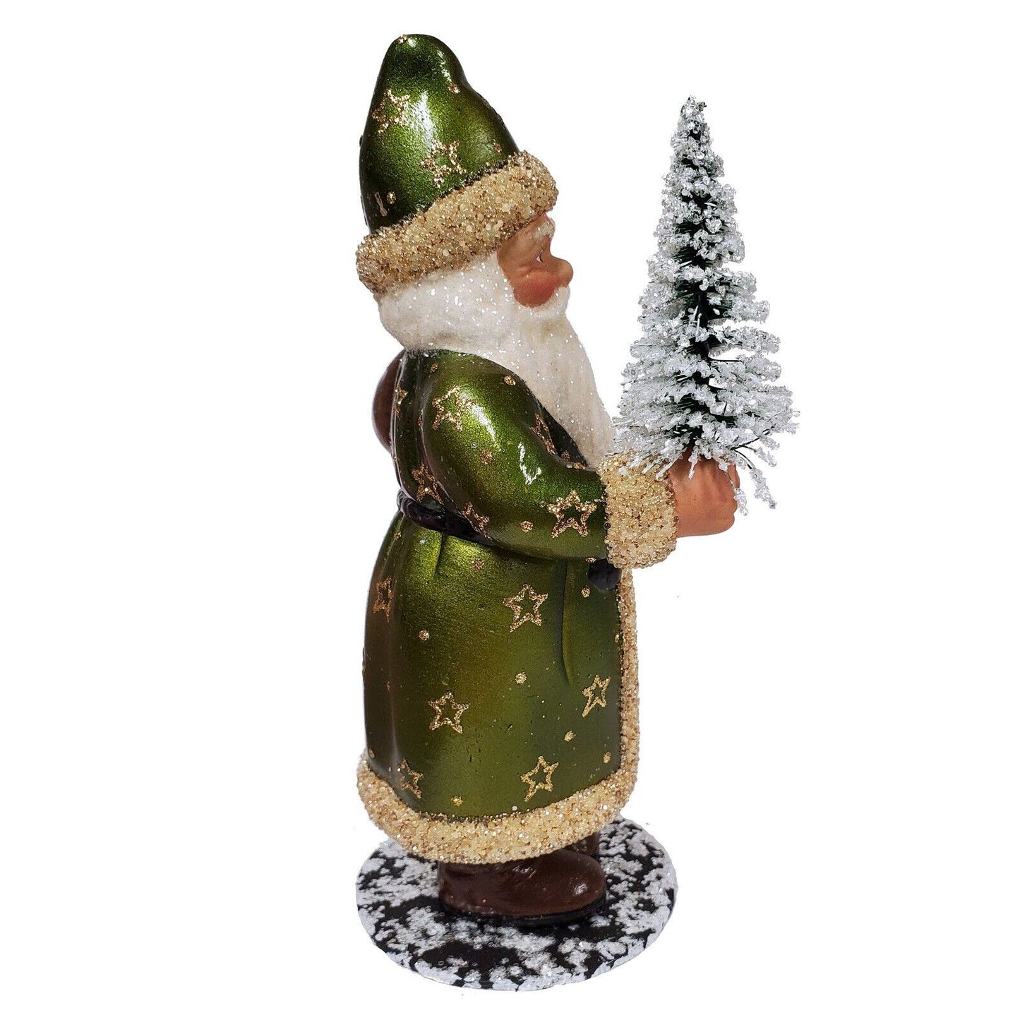 Ino Schaller Santa in Green Coat with Gold Stars Holding Tree German Paper Mache