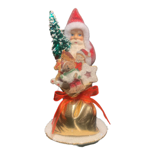 Ino Schaller Red Santa Claus with Gold Bag of Toys German Paper Mache 6 Inch