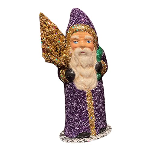 Ino Schaller Dark Purple Beaded Santa with Gold Tree German Paper Mache 6.5 Inch