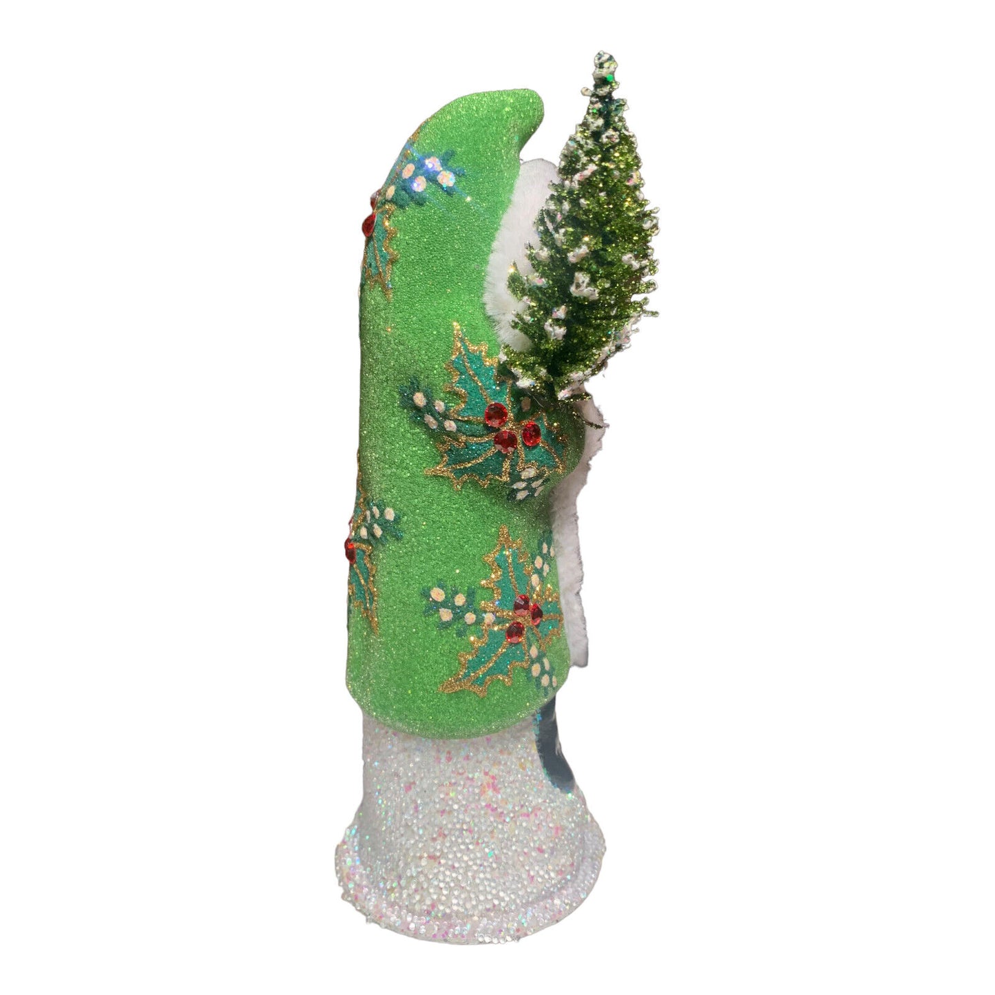 Ino Schaller Green Beaded Holly Leaf Santa German Paper Mache 7.5 Inch