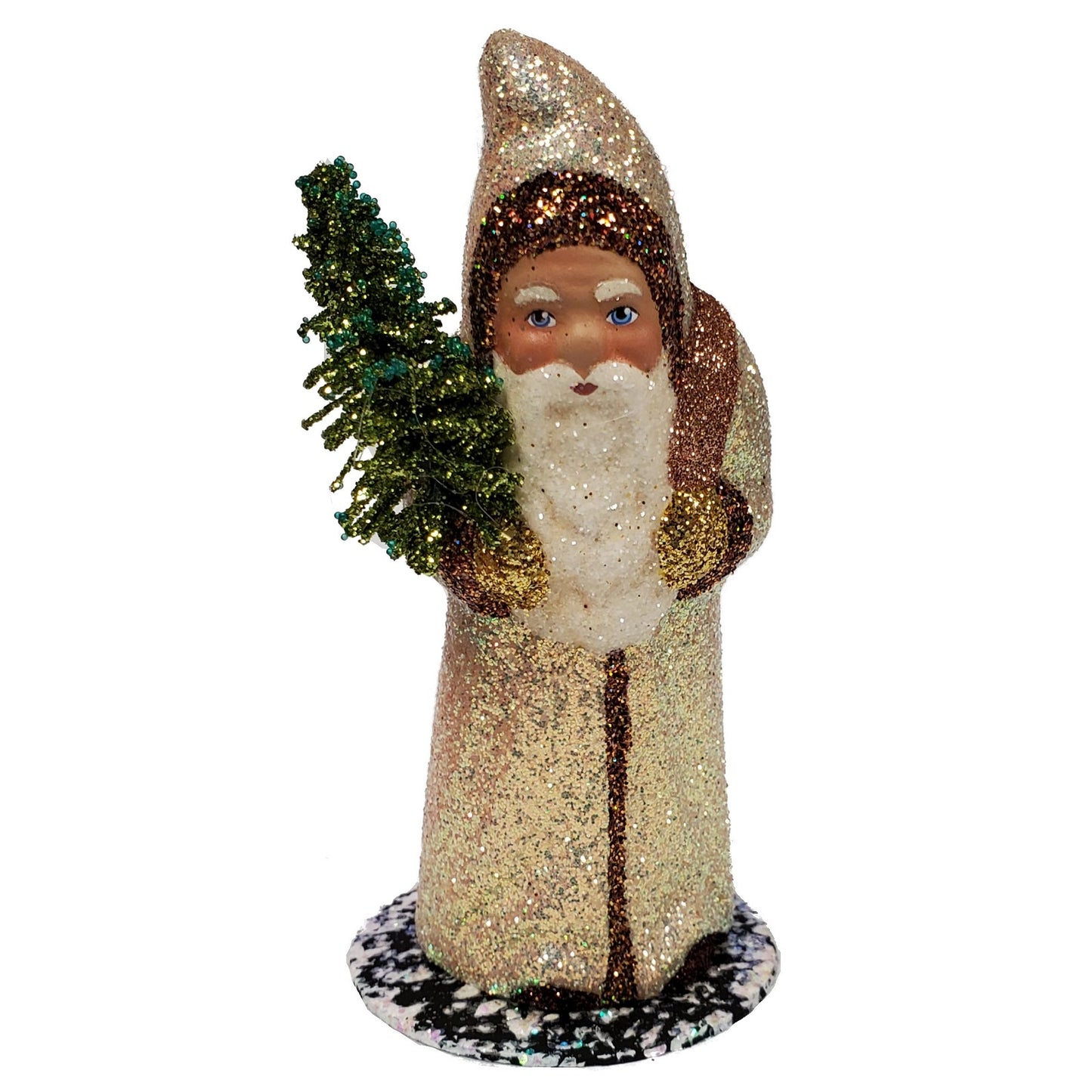 Ino Schaller White Gold Glitter Santa Copper Bag and Tree German Paper Mache