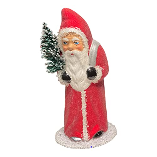 Ino Schaller Red Santa with Silver Bag Holding Tree German Paper Mache 5.25 Inch