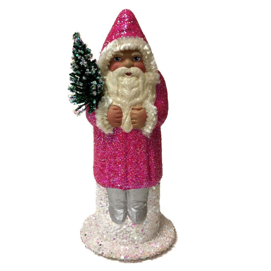 Ino Schaller Bright Pink Glitter Santa German Paper Mache Candy Container