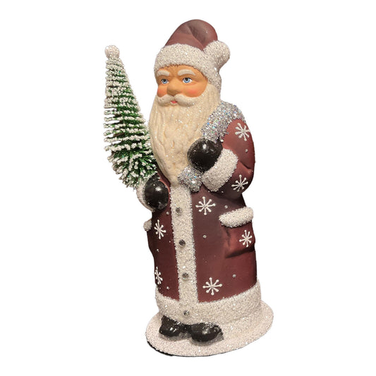 Pinnacle Peak Trading Ino Schaller Brown Coat Santa with Snowflake Design German Paper Mache 11 Inch