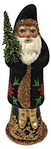 Ino Schaller Black Glitter Santa with Poinsettia Paper Mache Candy Container