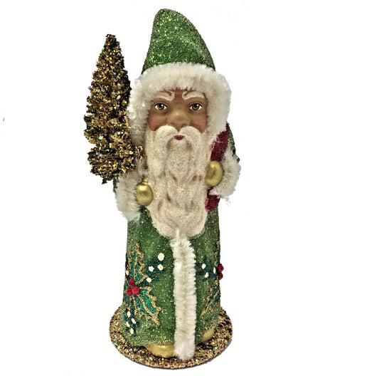 Ino Schaller Green Beaded Santa Holly Leaves German Paper Mache Candy Container