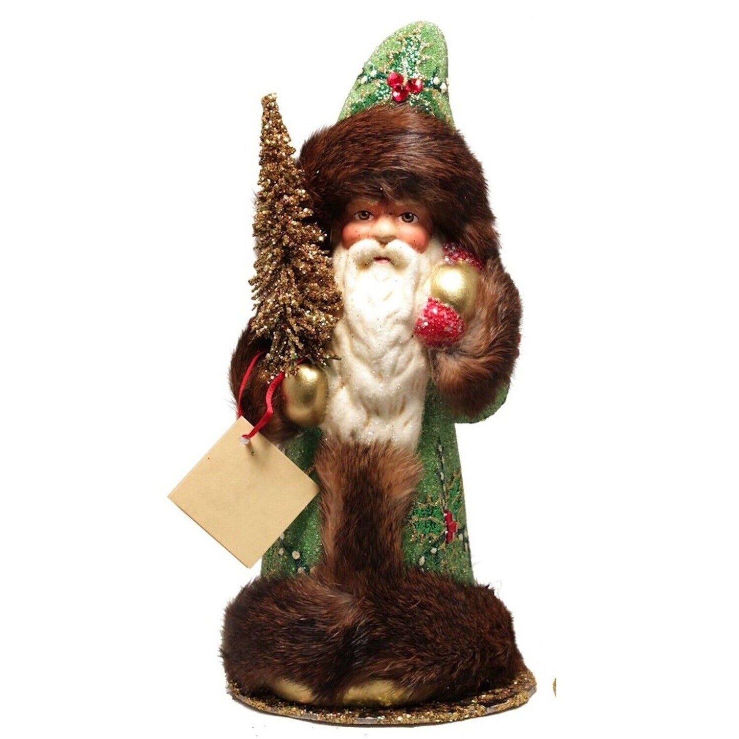 Pinnacle Peak Trading Company Ino Schaller Green Beaded Holly Leaf Santa Christmas Paper Mache Candy Container