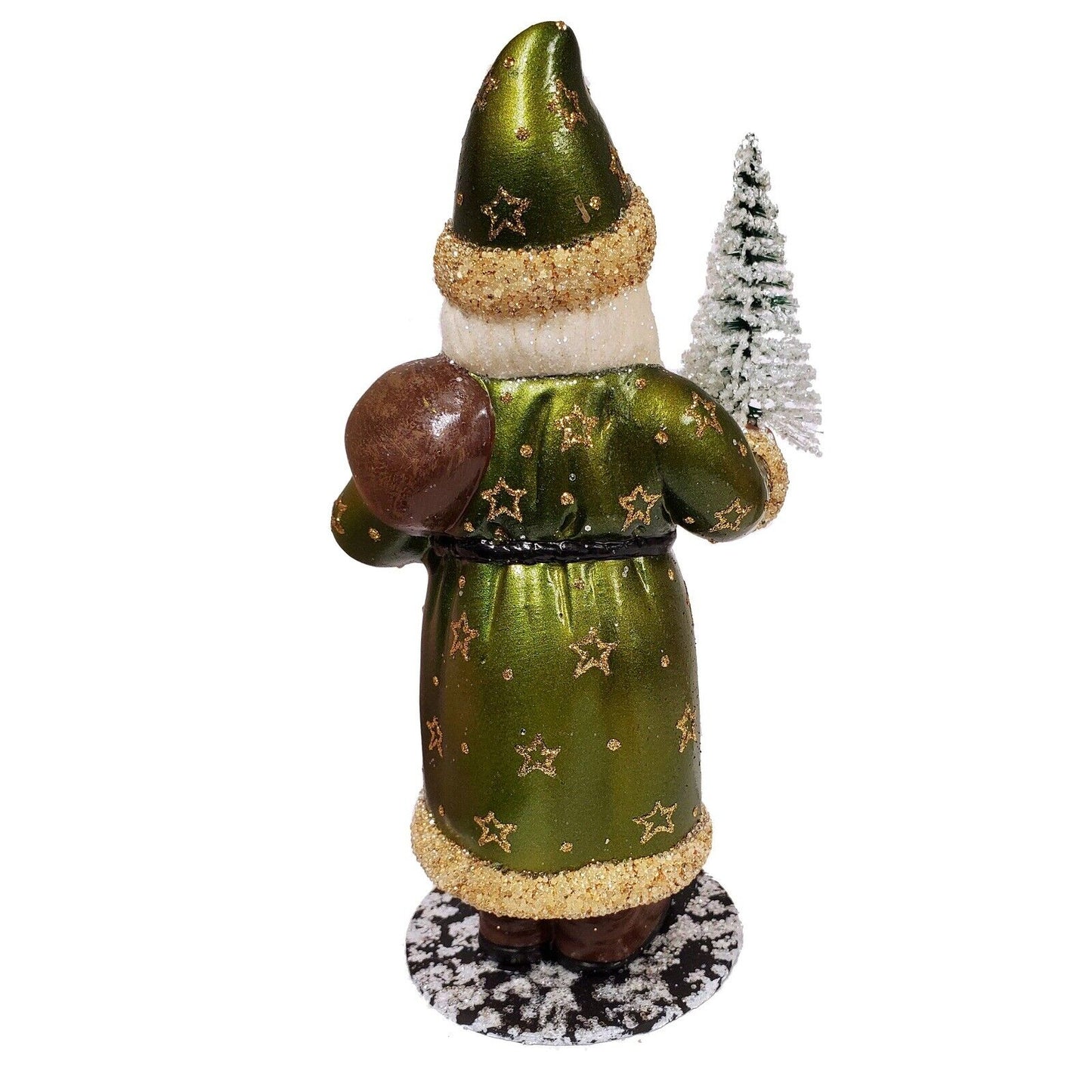 Ino Schaller Santa in Green Coat with Gold Stars Holding Tree German Paper Mache