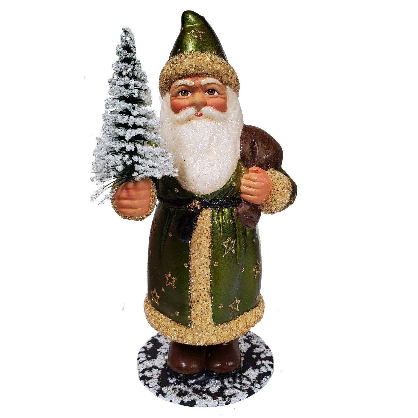 Ino Schaller Santa in Green Coat with Gold Stars Holding Tree German Paper Mache