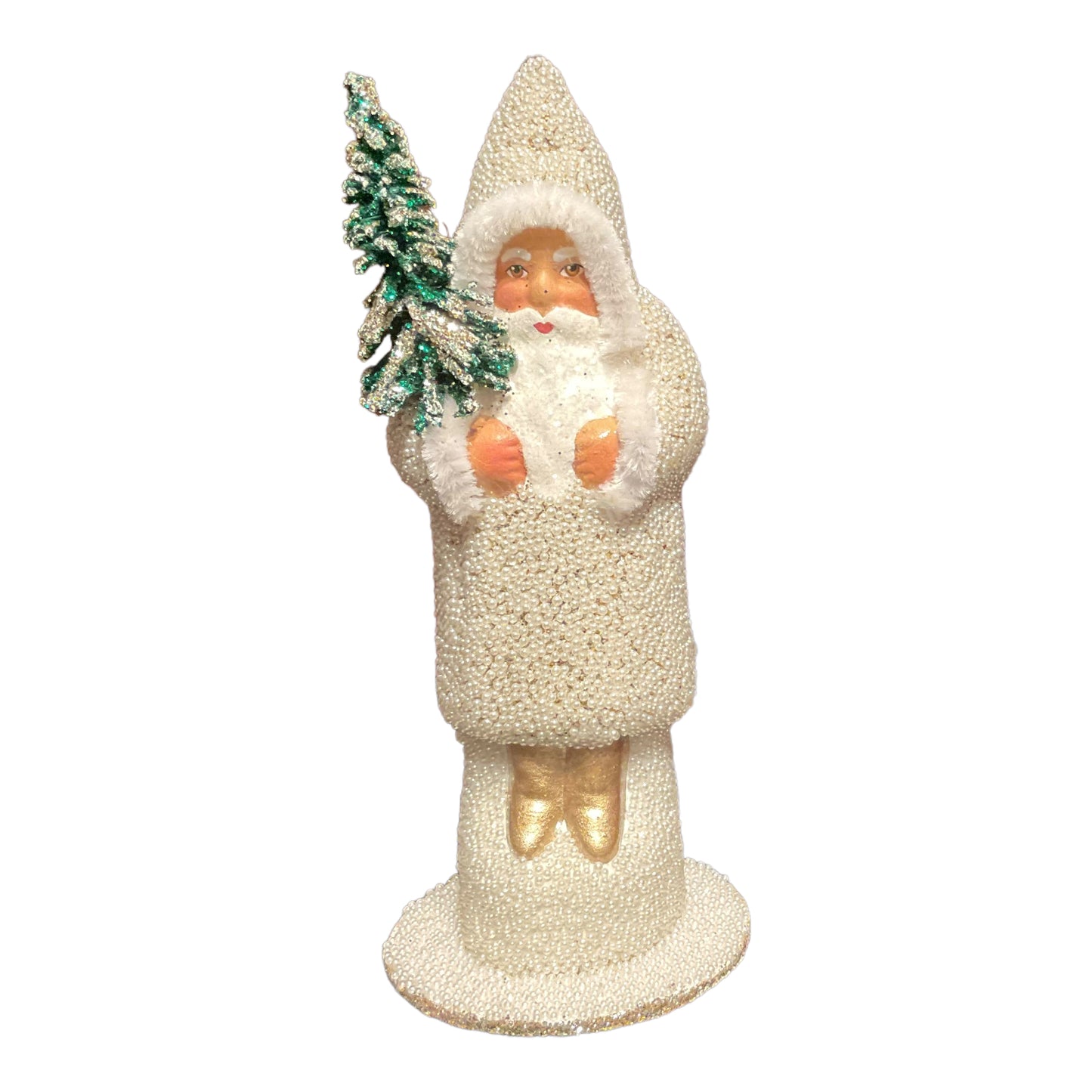 Ino Schaller White and Gold Beaded Santa German Paper Mache Candy Container