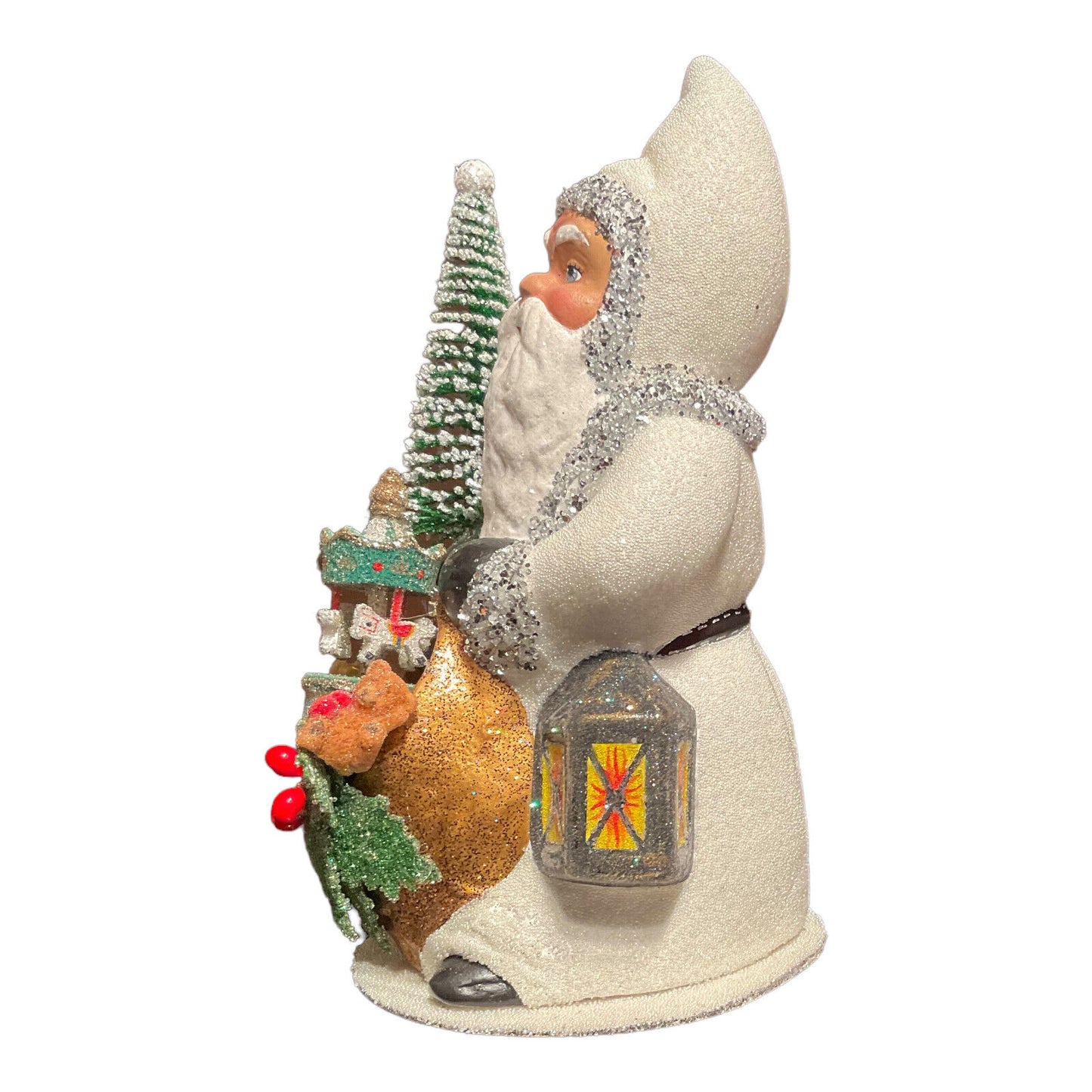 Ino Schaller White Santa with Basket of Toys German Paper Mache Candy Container