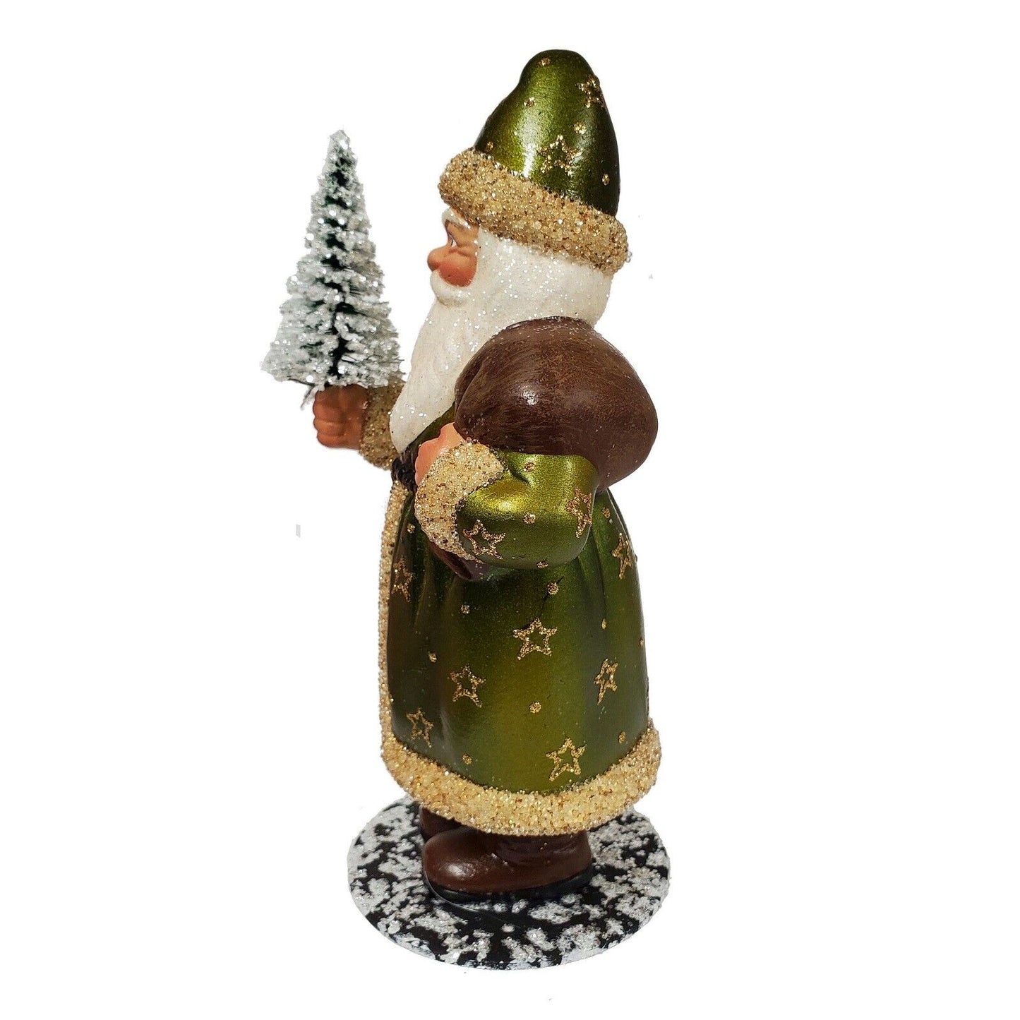 Ino Schaller Santa in Green Coat with Gold Stars Holding Tree German Paper Mache