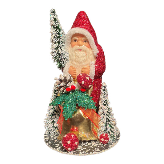 Ino Schaller Red Glitter Santa with Bag and Mushrooms German Paper Mache