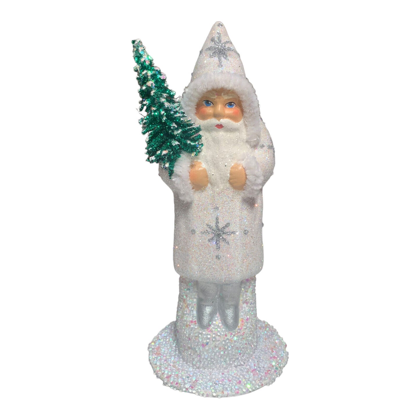 Ino Schaller White Coat Santa with Silver Stars German Paper Mache 6 Inch