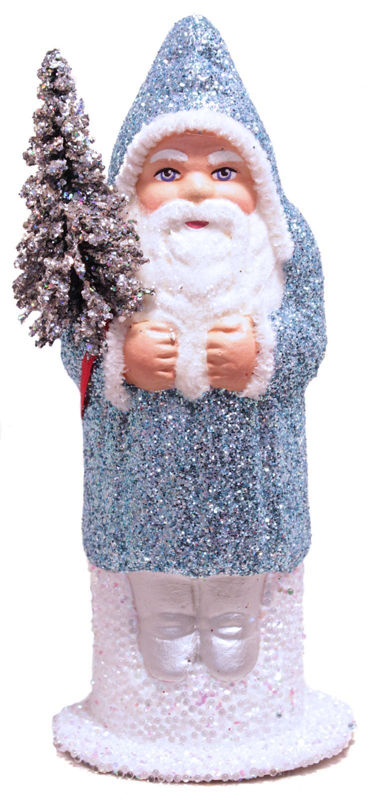 Ino Schaller Santa in Ice Blue Glitter Coat with Silver Tree German Paper Mache