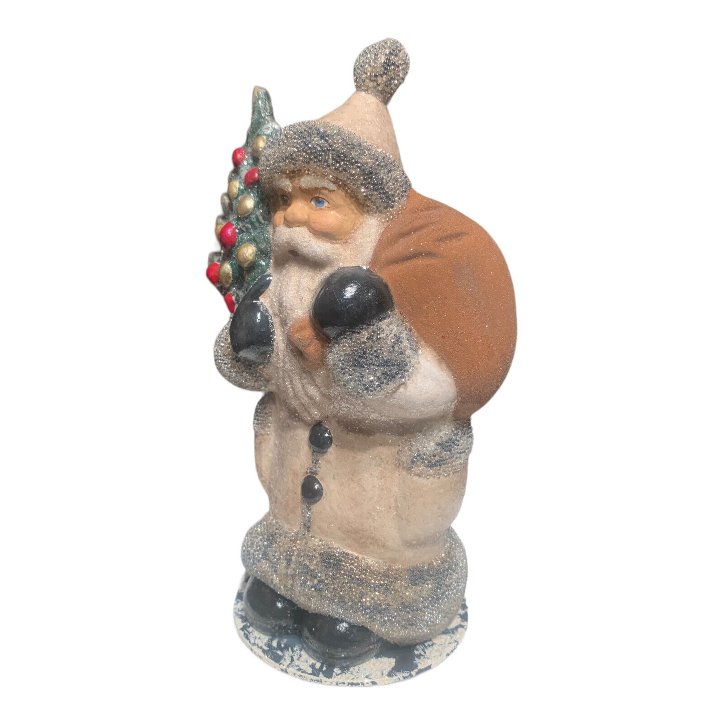 Ino Schaller Old Finish Santa with Brown Bag and Tree German Paper Mache 7 Inch