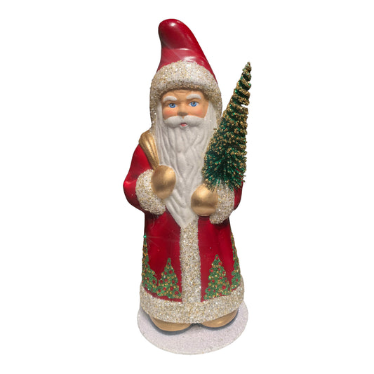Ino Schaller Red Coat with Christmas Tree Scene Santa German Paper Mache 11 Inch