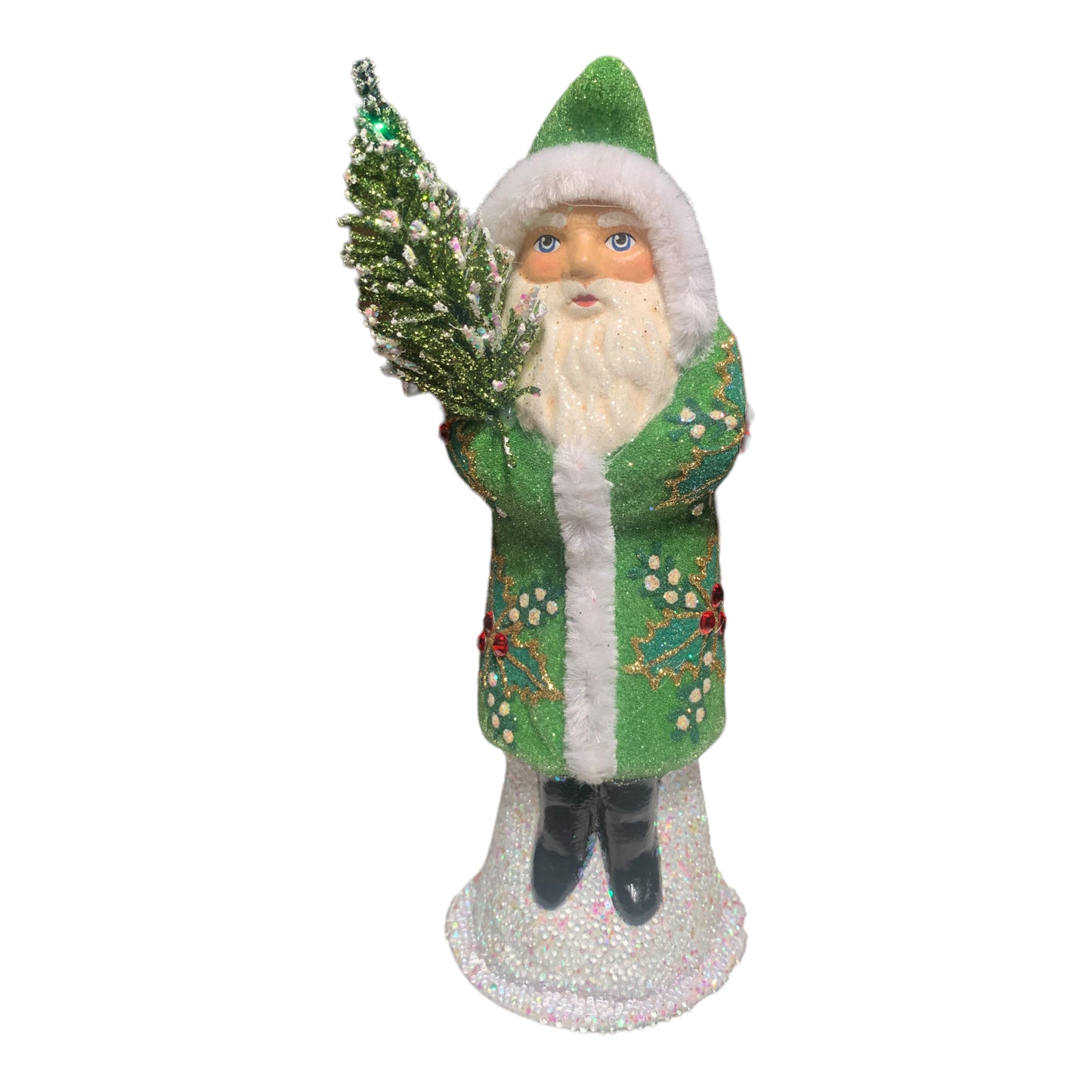 Ino Schaller Green Beaded Holly Leaf Santa German Paper Mache 7.5 Inch