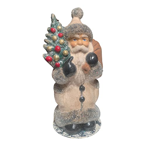 Ino Schaller Old Finish Santa with Brown Bag and Tree German Paper Mache 7 Inch