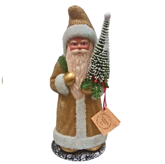 Ino Schaller Beaded Goldenrod Yellow Santa with Tree German Paper Mache